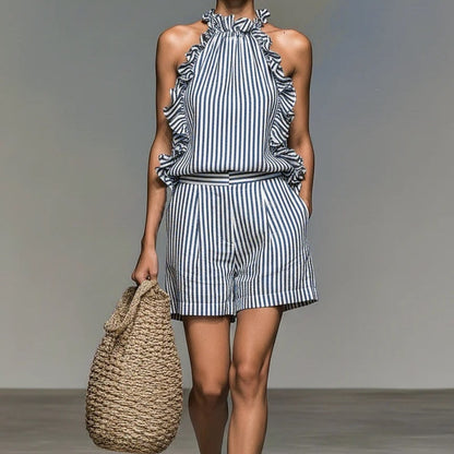 Blue White Vertical Stripe Ruffle Halter Top & High Waist Pocket Shorts 2 Piece Co-Ord Set