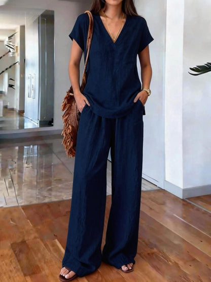 Linen V Neck Cap Sleeve Top & Elastic Waist Wide Leg Pants 2 Piece Co-Ord Set