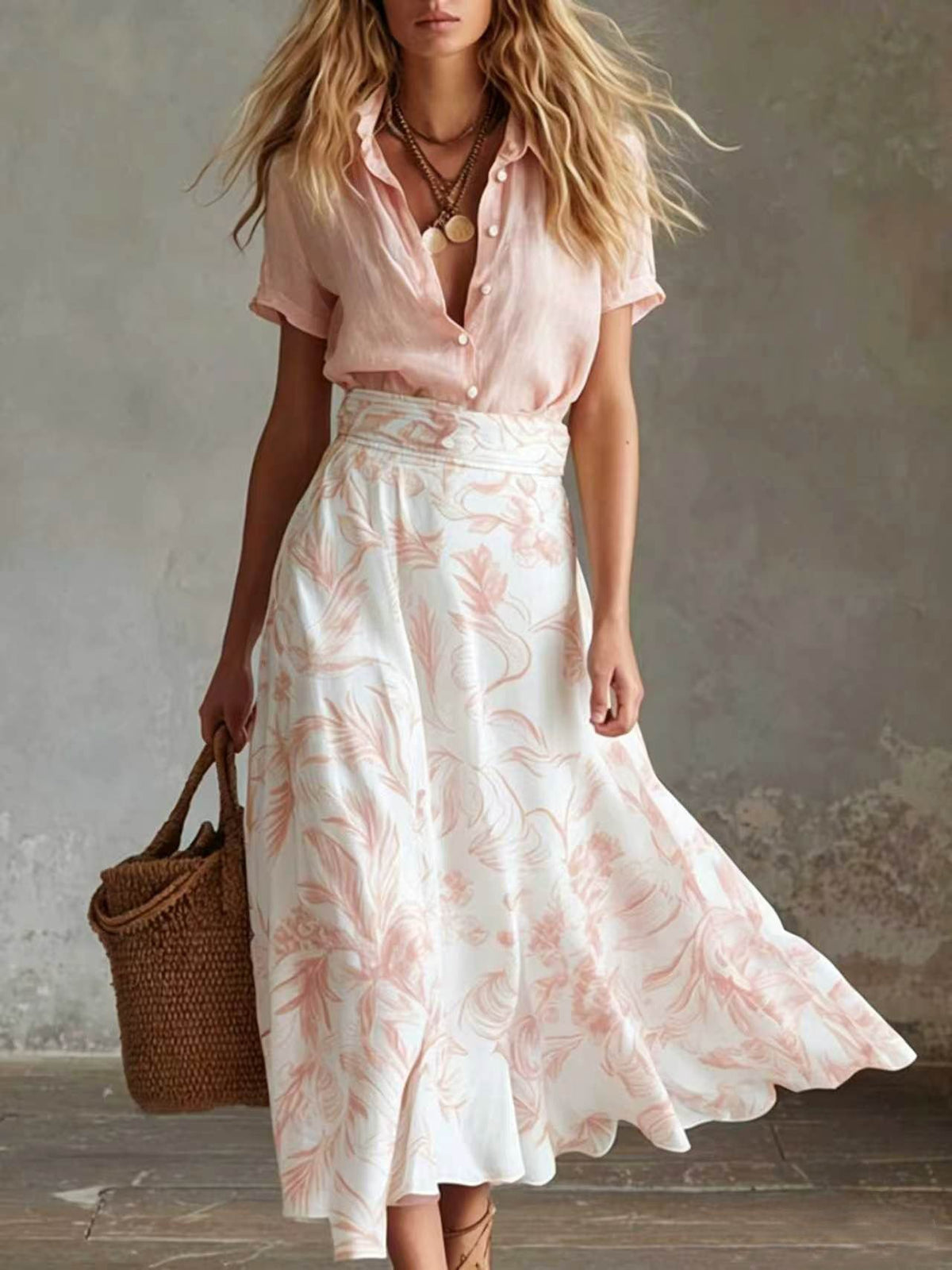 Contrast Floral Skirt Shirt Matching Co-ord Set