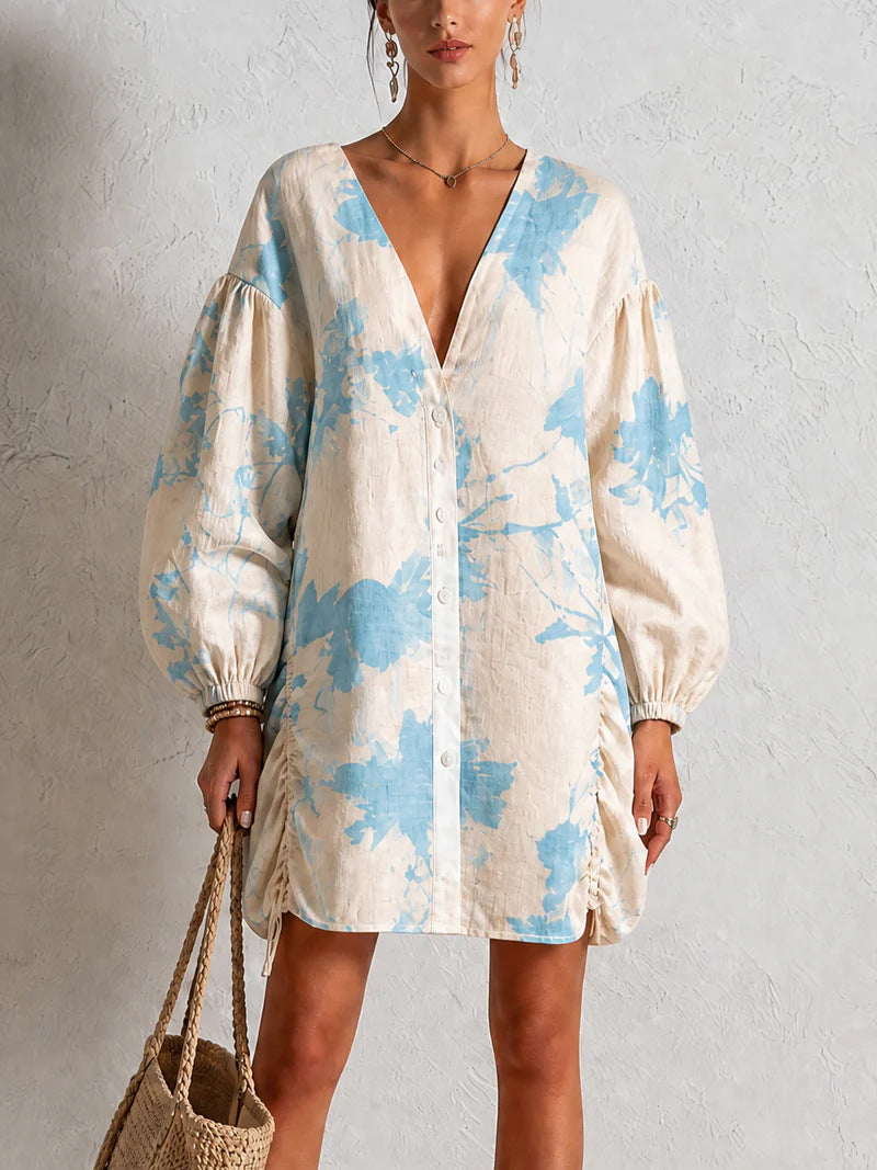 Mini-robe chemise boutonnée en mélange de lin à imprimé floral