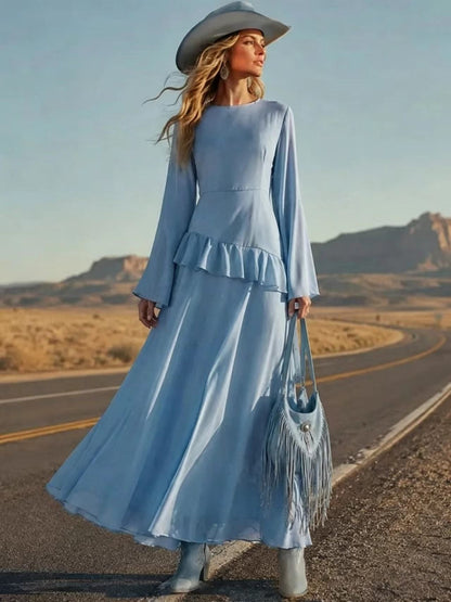 Asymmetrical Ruffle Long‑Sleeve Chiffon Maxi Dress - sky‑blue / S