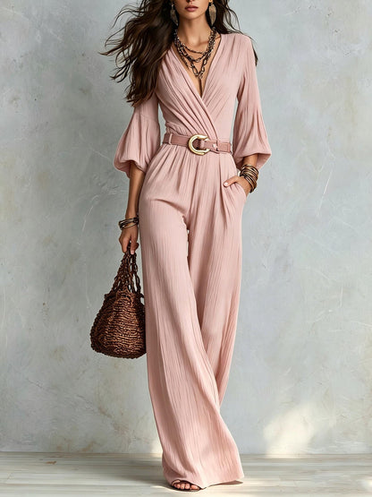 Crinkle Wrap V Neck Balloon Sleeve Belted Wide Leg Jumpsuit