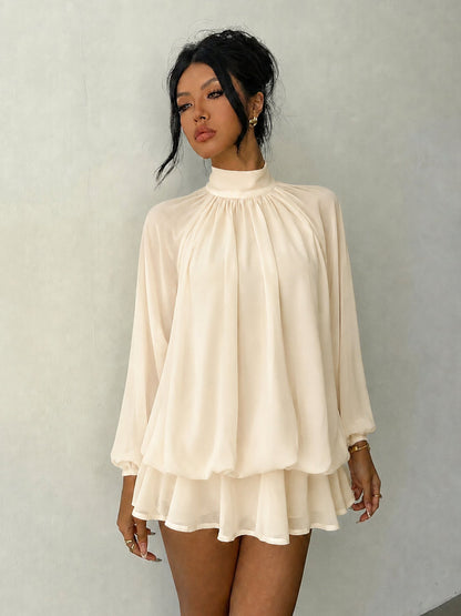 Mock Neck Long Sleeve Skort Dress Women Solid Ruffle Layer Hem Loose Casual Mini Dress - Apricot / XS