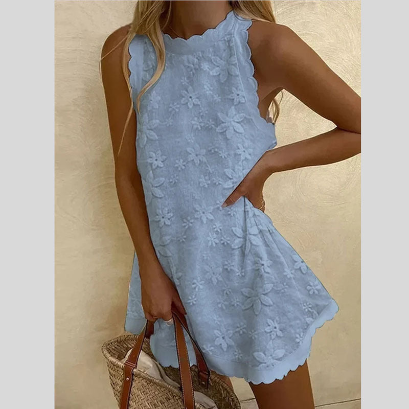 Floral Embroidered Scalloped Sleeveless Romper - Blue / S