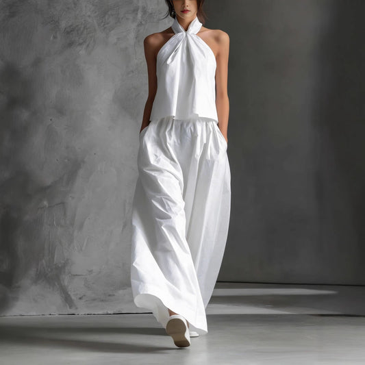 Ensemble formel deux‑pièces à col licou et pantalon jambes larges