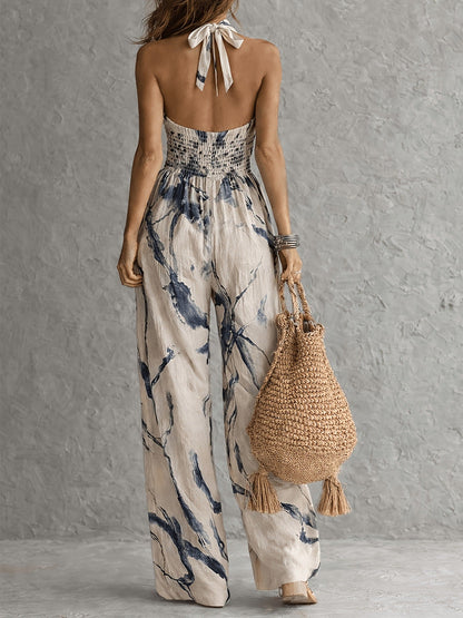 Halter Neck Ink‑Wash Floral Wide‑Leg Jumpsuit