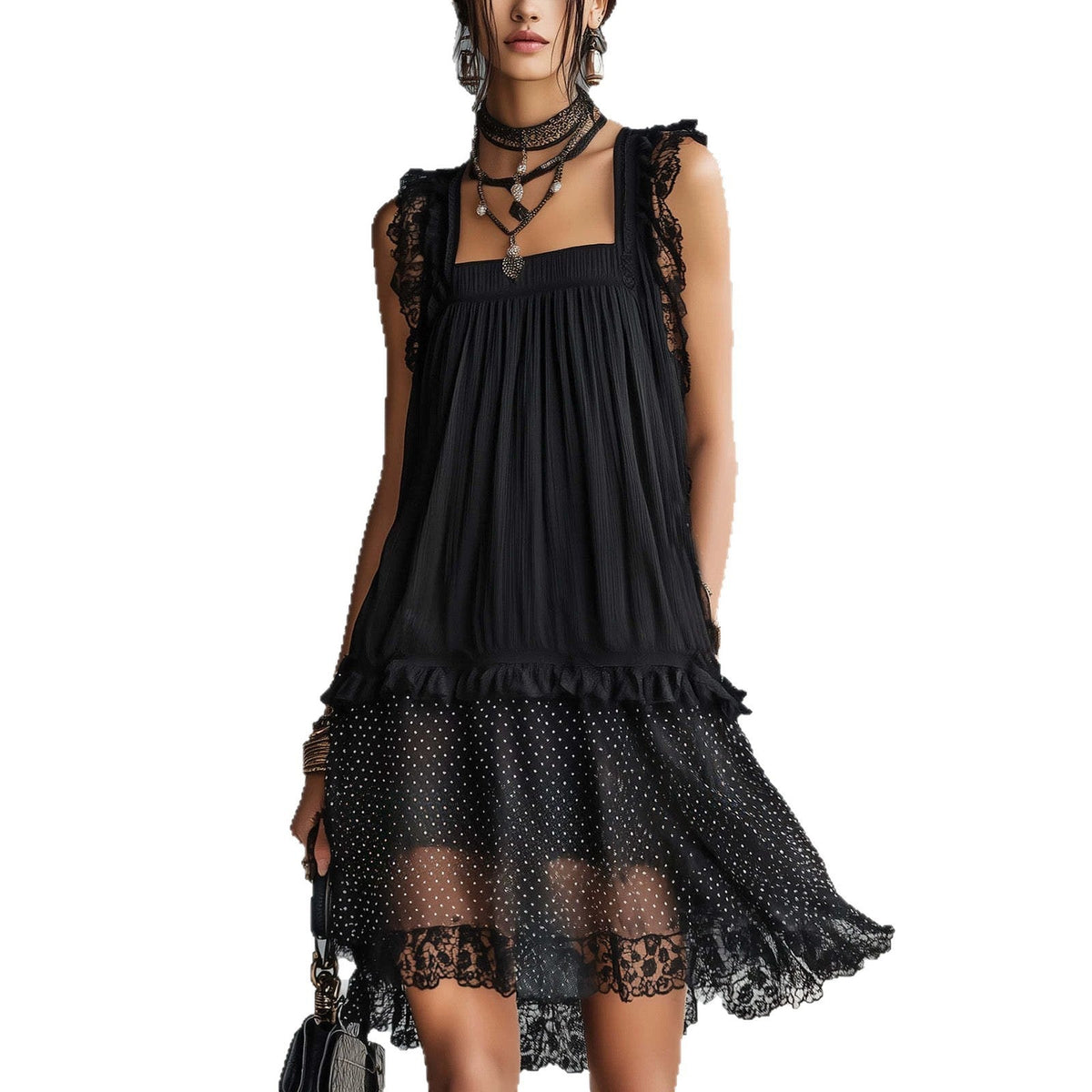 Robe mi-longue en mousseline étagée à pois et dentelle noire