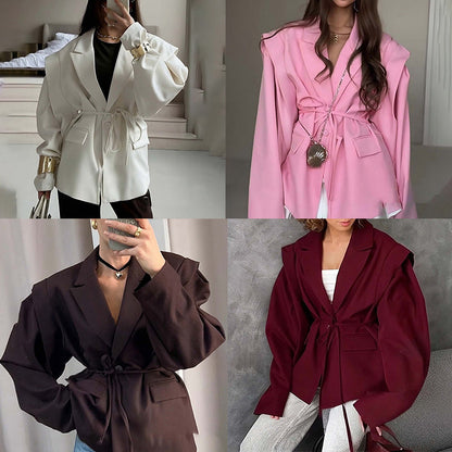 Blazer surdimensionné à ceinture avec manches bouffantes – Une élégance moderne et sophistiquée