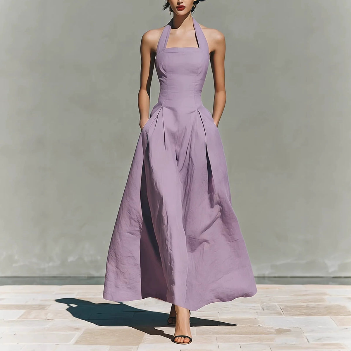 Halter Square Neck Pleated A-Line Midi Dress
