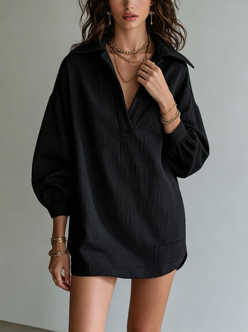 Robe Tunique Col V Texture Crinkle Femme Manches Longues Ample Décontractée Mini-Robe