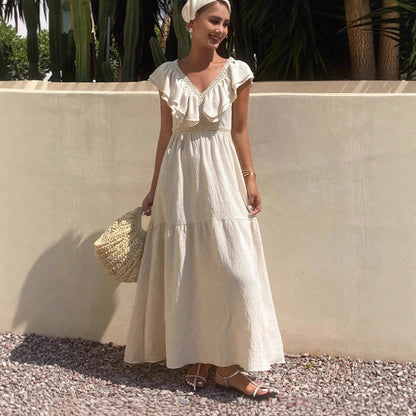 Women Solid V Neck Flutter Sleeve Loose Tiered Flowy Maxi Dress For Summer Vacation