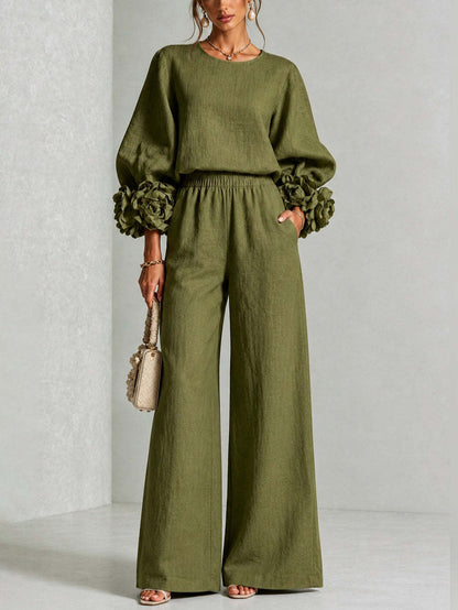 Pink Top Featuring Striking Floral Cuffs Paired With Wide-leg Pants Suit
