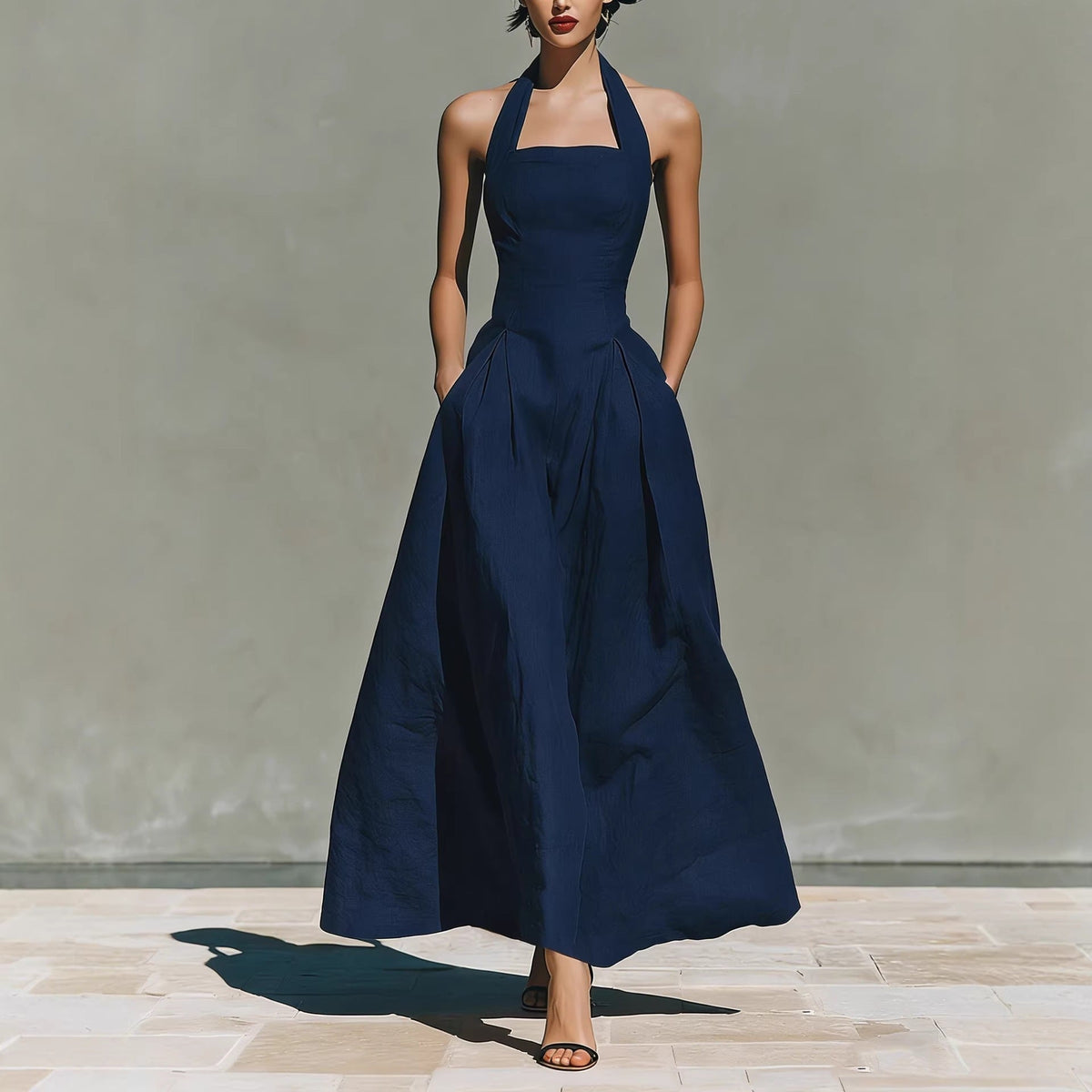 Halter Square Neck Pleated A-Line Midi Dress