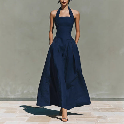 Halter Square Neck Pleated A-Line Midi Dress