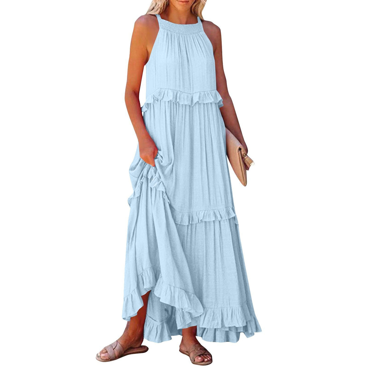 Halter Ruffle Tiered Flowy Maxi Dress