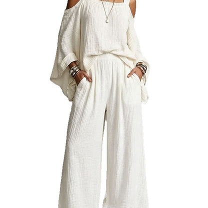 Women Solid Textured Cold Shoulder Batwing Top Elastic Waist Ruffle Wide Leg Pants Matching Set