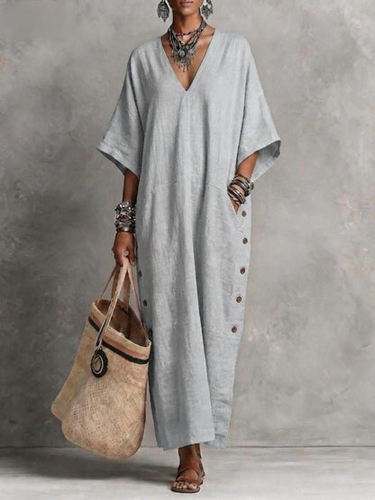 Natural Linen V-Neck Batwing Side Button Slit Maxi Kaftan Dress