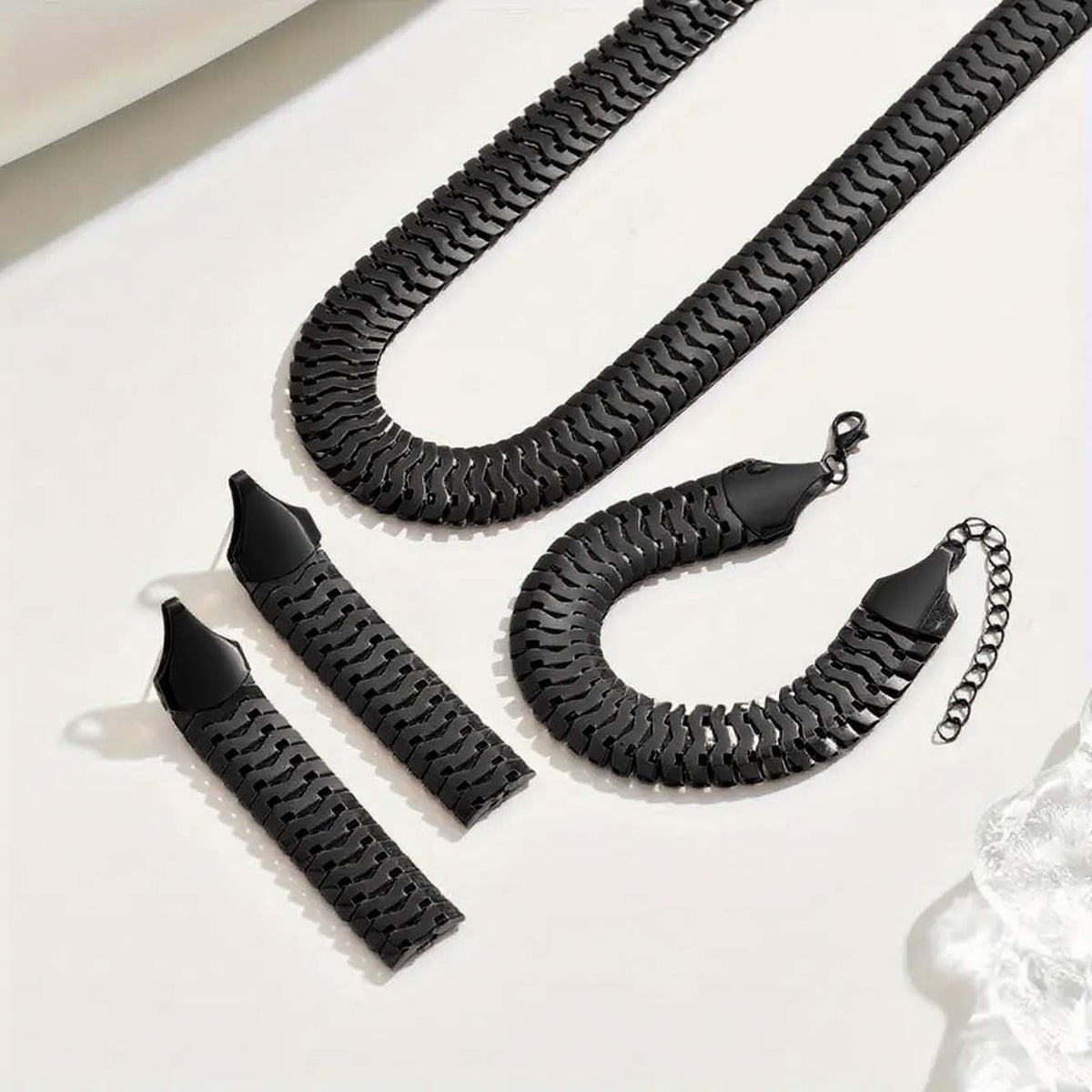 Wide Snake Scale Herringbone Jewelry 3-Piece Set Necklace Bracelet Drop Earrings