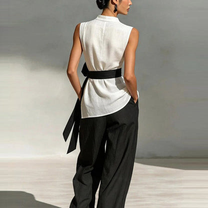 Ensemble deux‑pièces pour femme : haut sans manches à lacets à coloris contrastant + pantalon à jambes larges