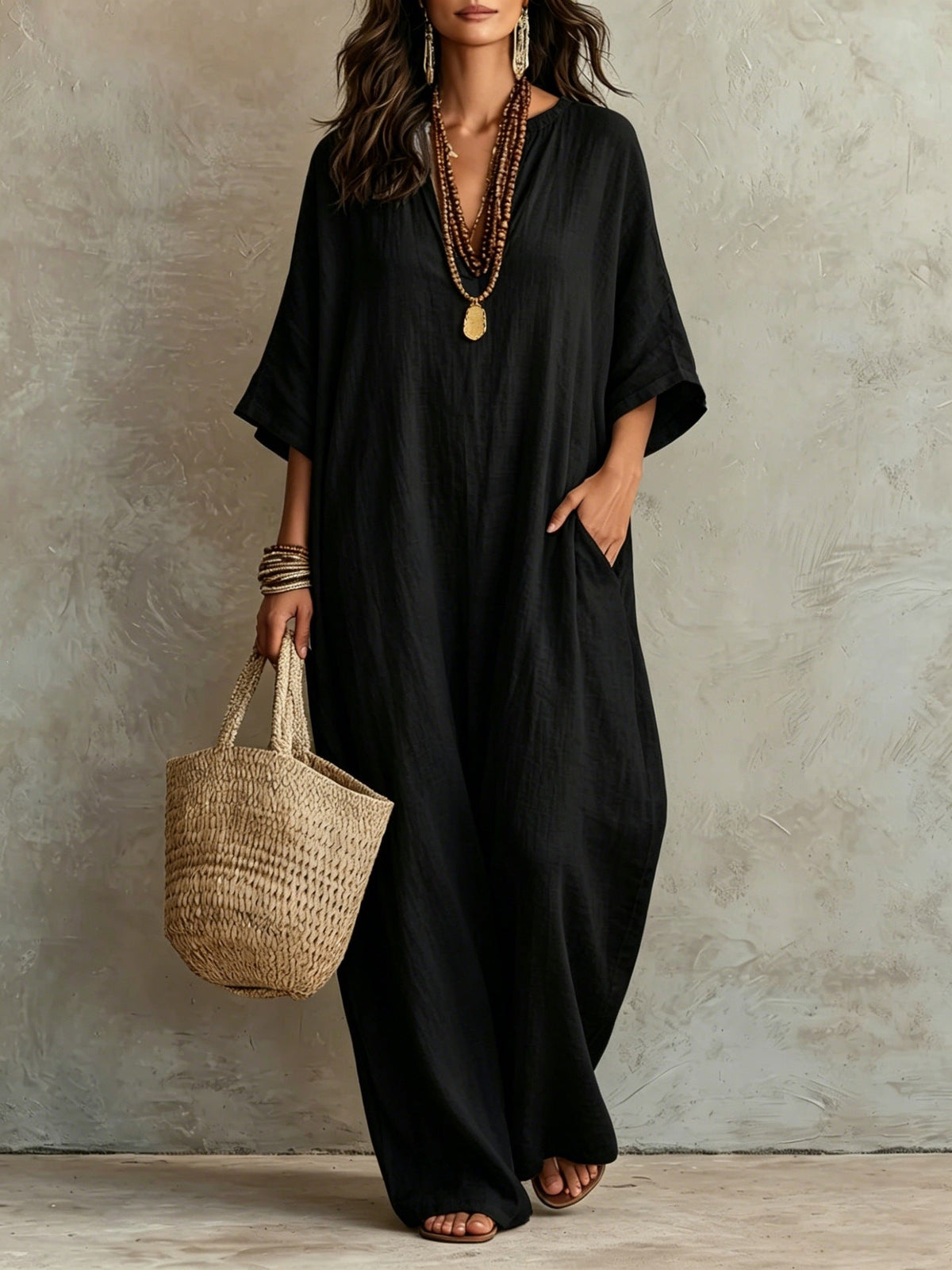 Robe Kaftan Longue Ample en Mélange de Lin à Manches Courtes Col V et Poches