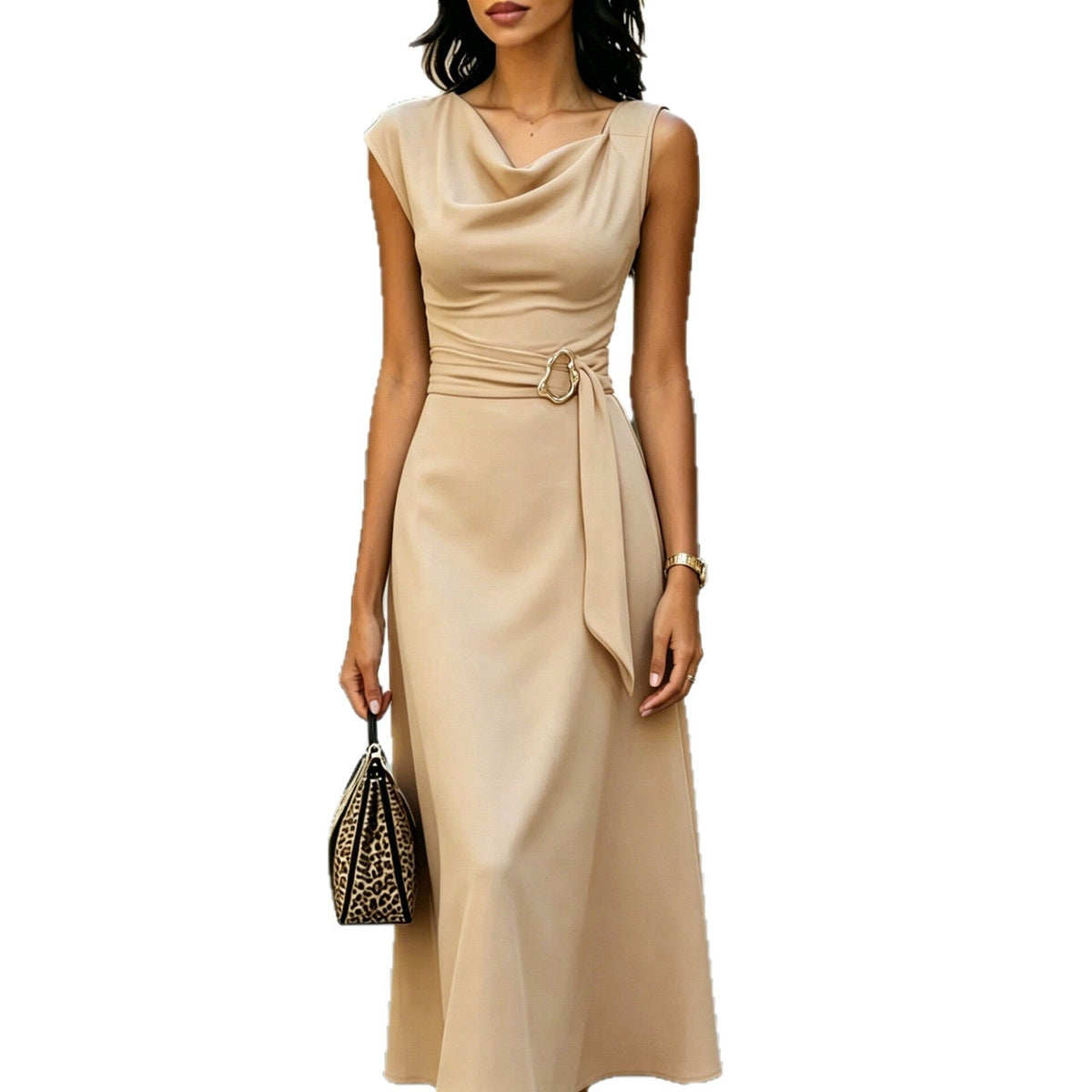 Robe midi sans manches à col bénitier avec ceinture