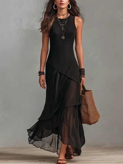 Robe longue sans manches asymétrique en mousseline étagée