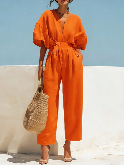 Women's Casual Linen Jumpsuit with Lantern Sleeves