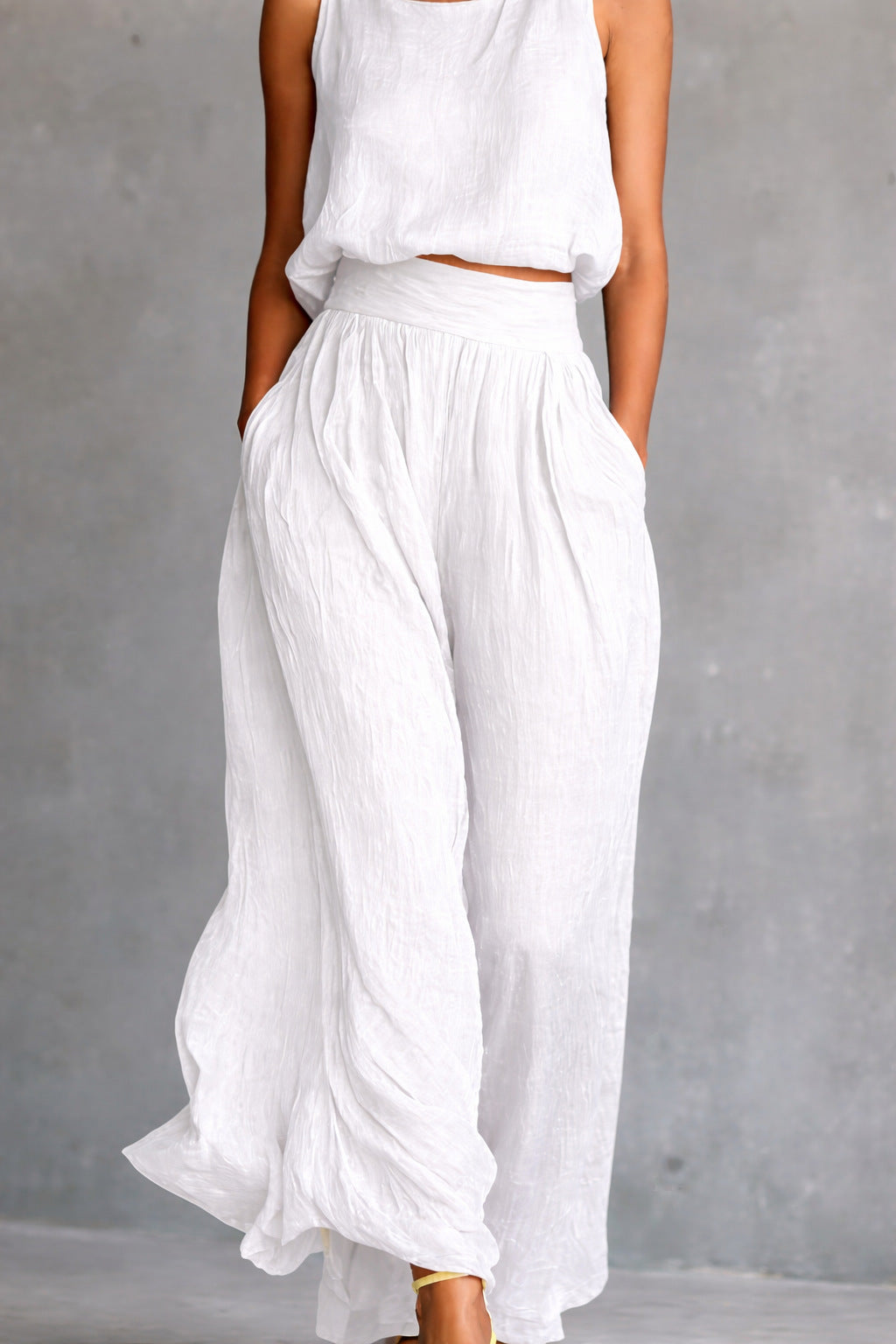Chartreuse Textured Linen Matching Set, Sleeveless Tank Top & High Waist Flowy Wide Leg Pants