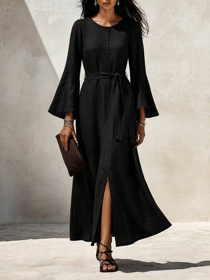 Linen‑Blend Flare‑Sleeve Maxi Dress