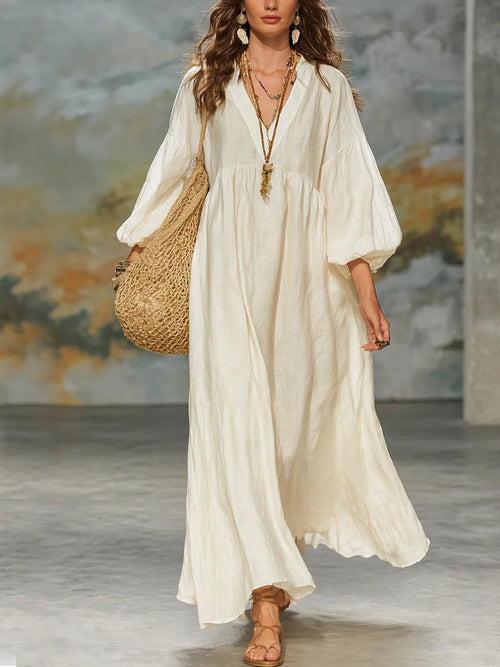 Robe longue Bohème col en V manches ballon en lin mélangé