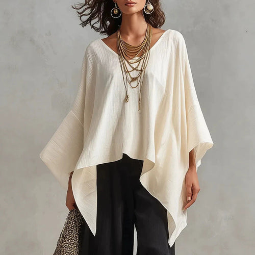 Women's V-neck 3/4-sleeve Casual Loose Cotton-linen Top