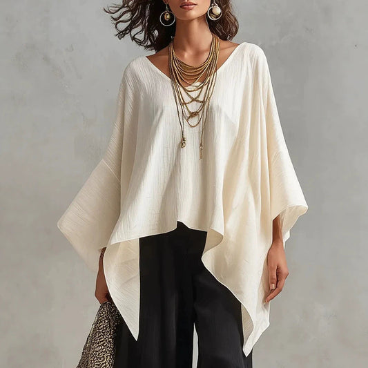 Women's V-neck 3/4-sleeve Casual Loose Cotton-linen Top