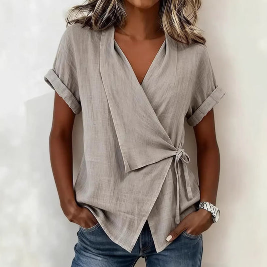 Wrap Tie Waist Linen Blend Short Sleeve V-Neck Blouse