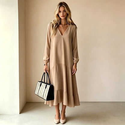 V‑Neck Long‑Sleeve Tiered Ruffle‑Hem Midi Dress