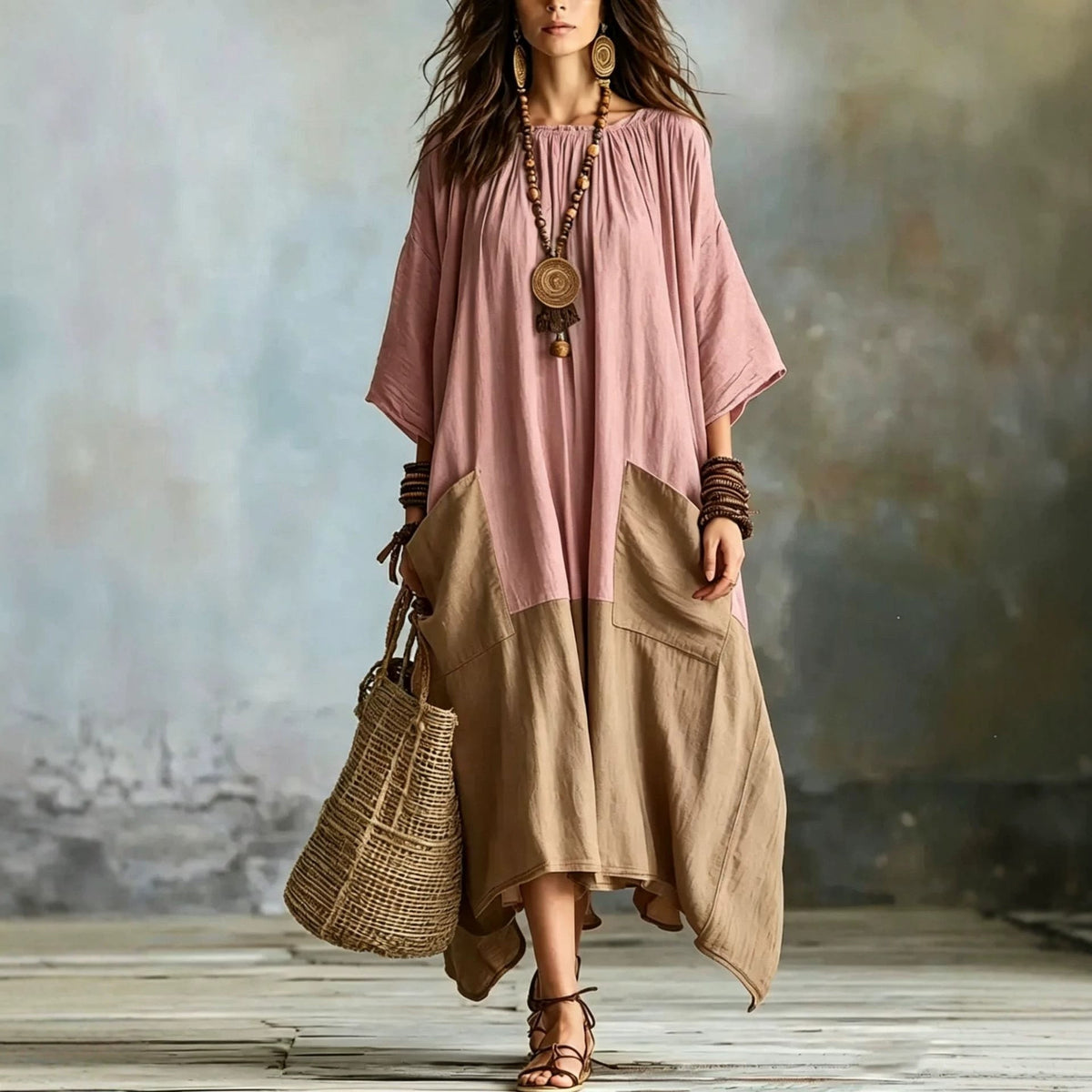 Color Block 3/4 Sleeve Round Neck Linen Blend Irregular Hem Maxi Dress With Pockets