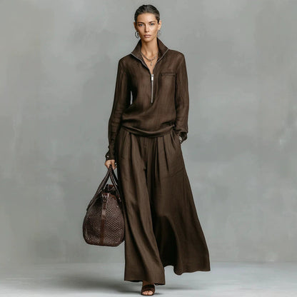 Ensemble deux pièces en lin pour femme : haut demi-zippé et pantalon large – Tenue décontractée coordonnée
