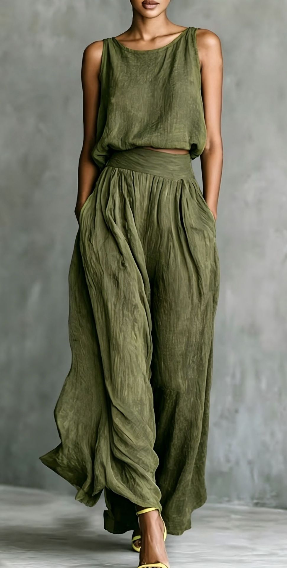 Chartreuse Textured Linen Matching Set, Sleeveless Tank Top & High Waist Flowy Wide Leg Pants