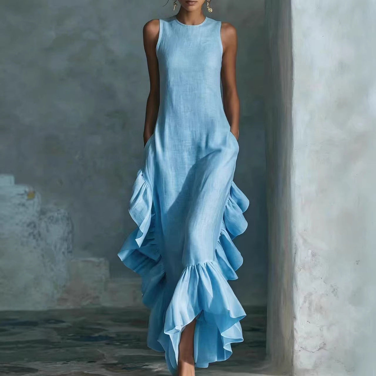 Robe longue maxi en lin sans manches à volants
