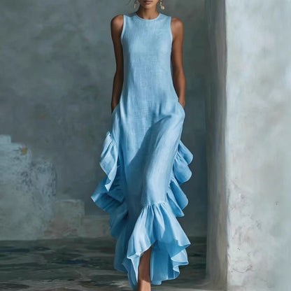 Robe longue maxi en lin sans manches à volants