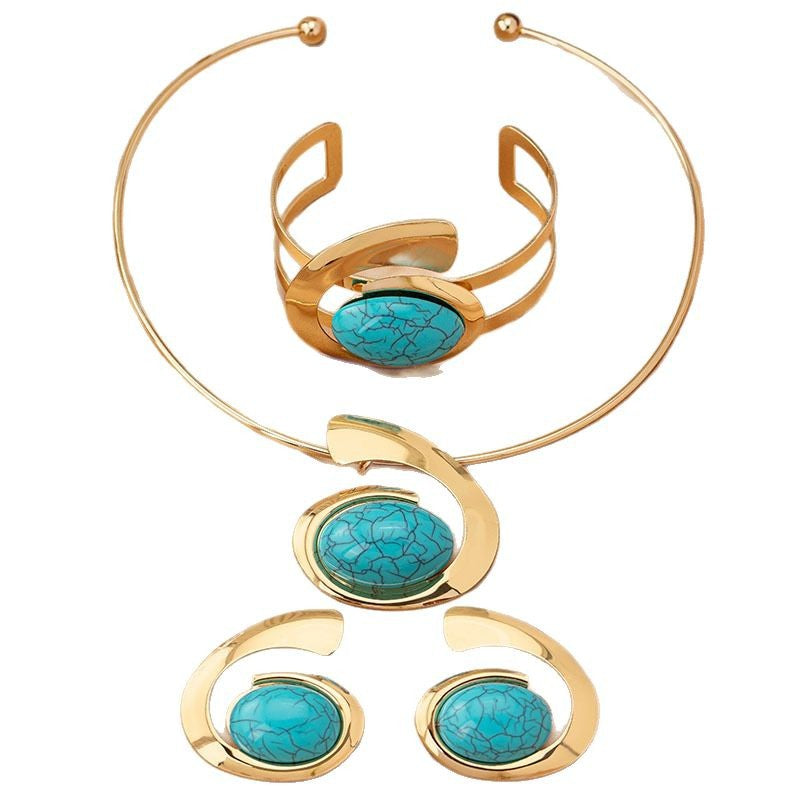 Abstract Curve Statement Jewelry 4-Piece Set | Open Choker Necklace + Adjustable Cuff Bracelet + Matching Drop Earrings