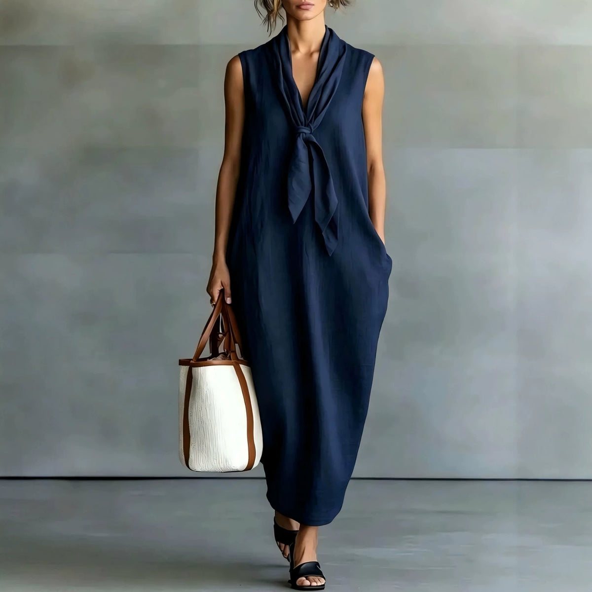 Natural Beige Linen Sleeveless Front Tie Knot Midi Shift Dress
