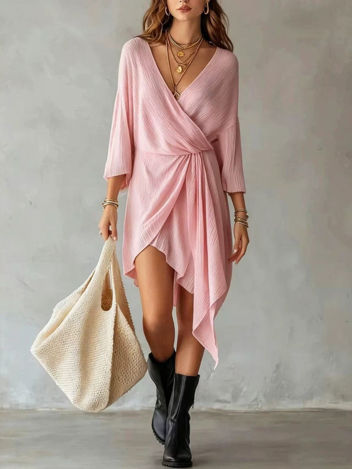 Cream Ribbed Knit Wrap‑Front Asymmetrical Mini Dress
