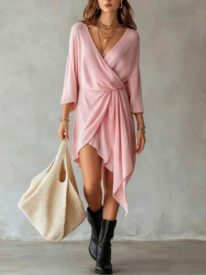 Cream Ribbed Knit Wrap‑Front Asymmetrical Mini Dress