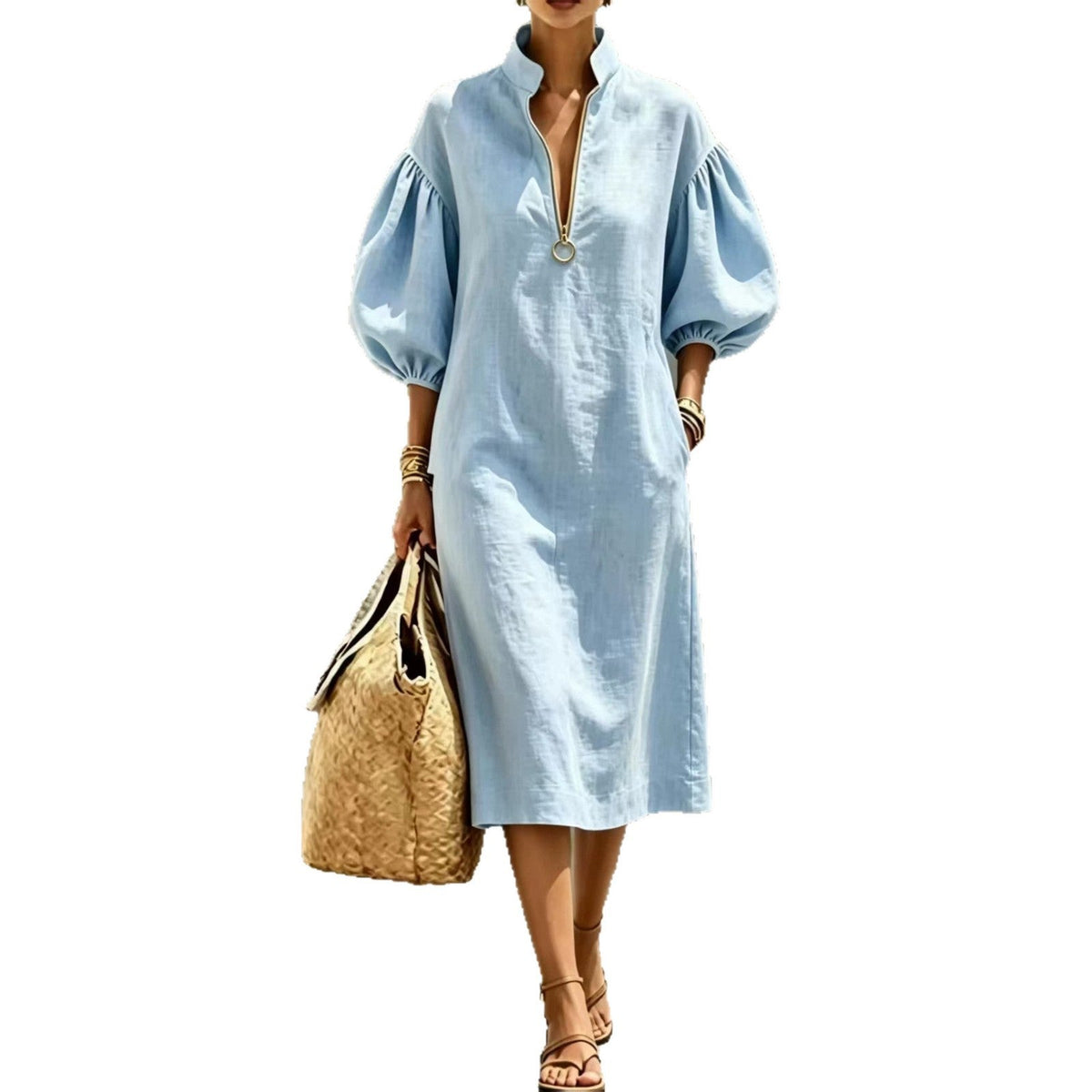 Stand Collar Half Zip Puff Sleeve Linen Blend Midi Dress, Loose Pocket Casual Vacation Long Dress