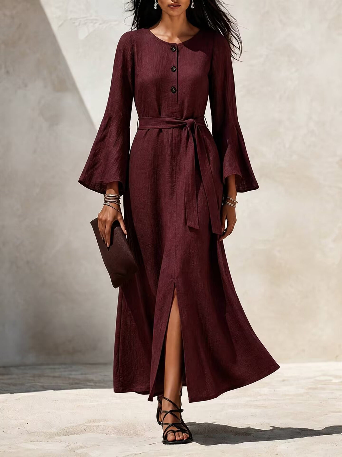 Linen‑Blend Flare‑Sleeve Maxi Dress