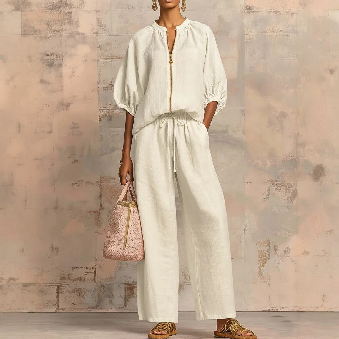 Nouveautés🔥 Ensemble deux‑pièces en lin et coton : chemise zippée élégante et confortable et pantalon à jambes larges