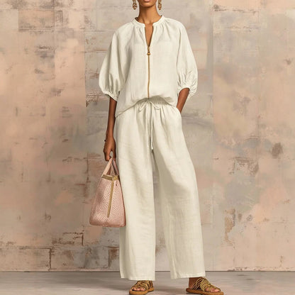 Nouveautés🔥 Ensemble deux‑pièces en lin et coton : chemise zippée élégante et confortable et pantalon à jambes larges