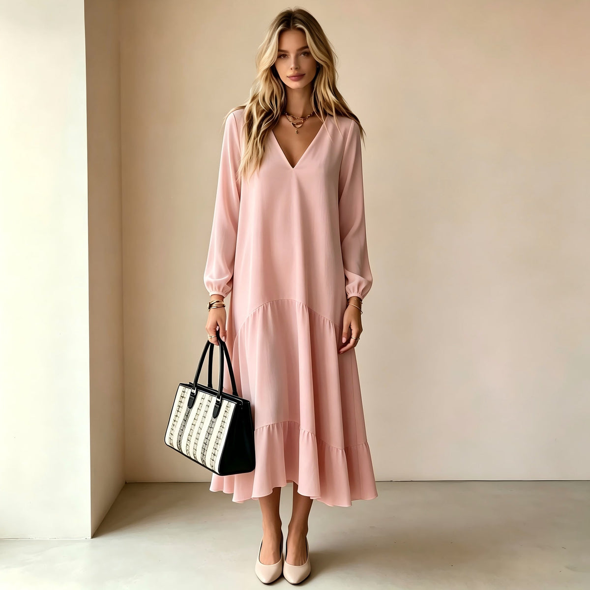 V‑Neck Long‑Sleeve Tiered Ruffle‑Hem Midi Dress