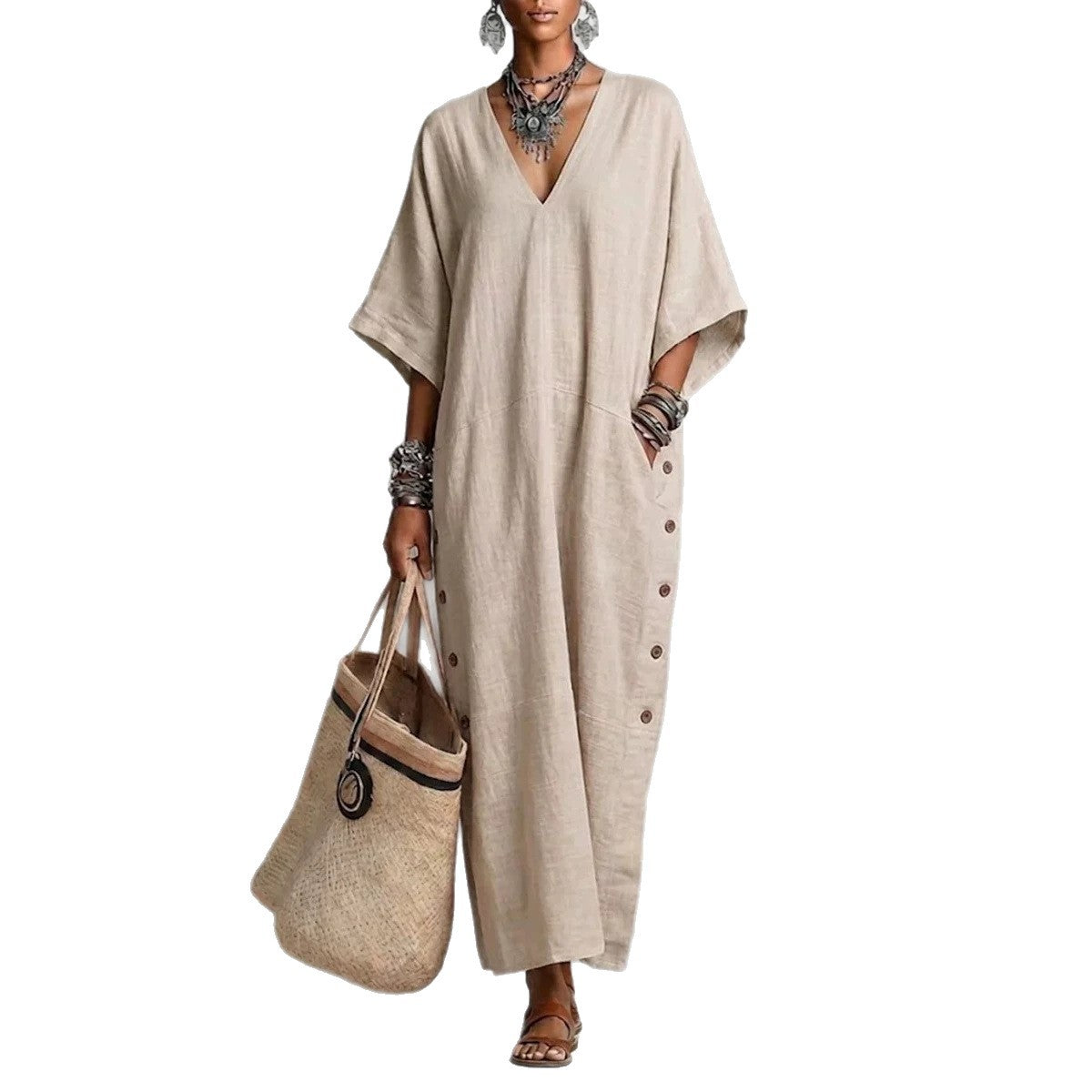 Natural Linen V-Neck Batwing Side Button Slit Maxi Kaftan Dress