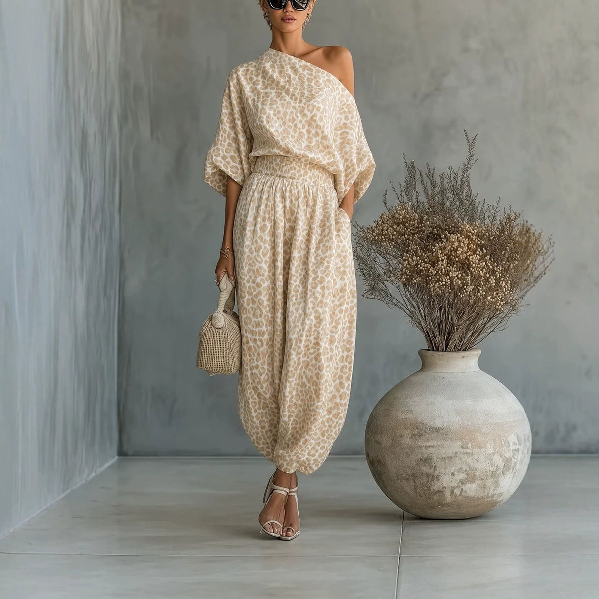 Leopard Print One Shoulder Batwing Top & Cuffed Harem Jogger 2 Piece Co-Ord Set